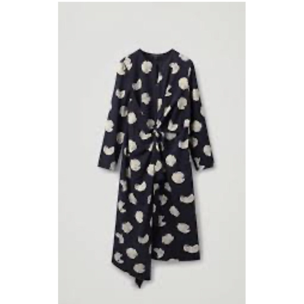 COS Shirt Dress Ivory Navy Blue Sz 6 Asymmetrical Wrap Midi Maxi